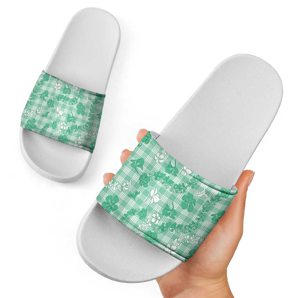 Omaomao Aloha Hawaii Slide Sandals Plumeria Lei With Palaka Motif - Polynesian Pride