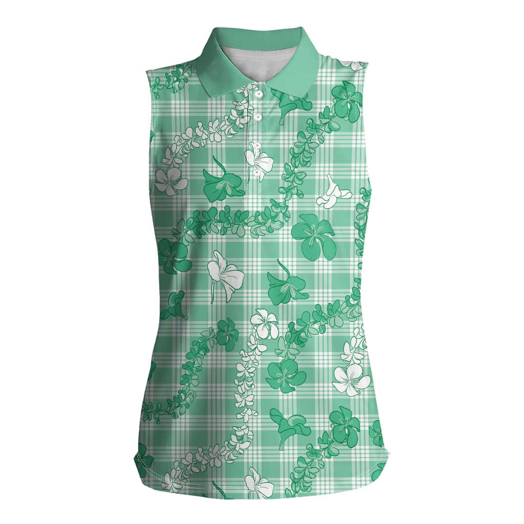 Omaomao Aloha Hawaii Women Sleeveless Polo Shirt Plumeria Lei With Palaka Motif LT14 Female Green - Polynesian Pride