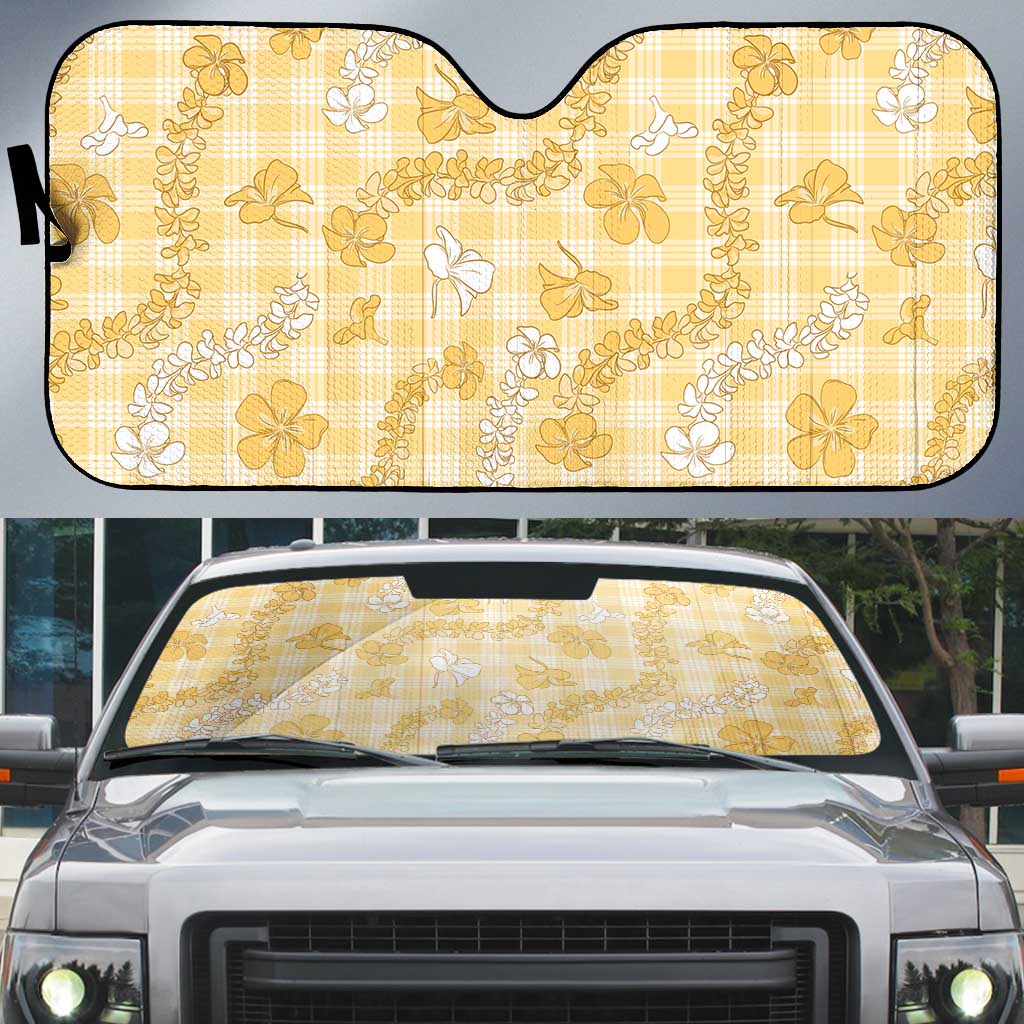 Melemele Aloha Hawaii Auto Sun Shade Plumeria Lei With Palaka Motif LT14 Yellow - Polynesian Pride