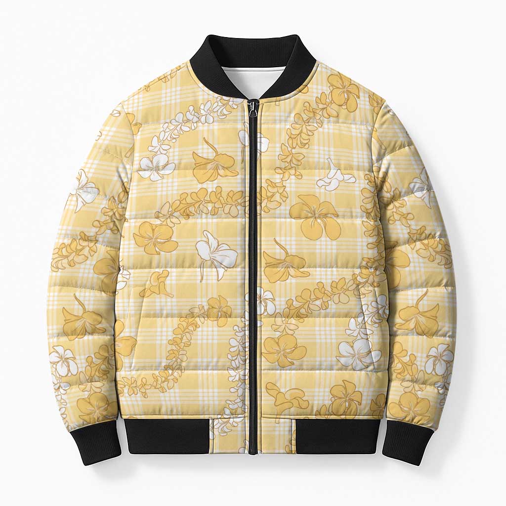 Melemele Aloha Hawaii Bomber Puffer Jacket Plumeria Lei With Palaka Motif LT14 Unisex Yellow - Polynesian Pride