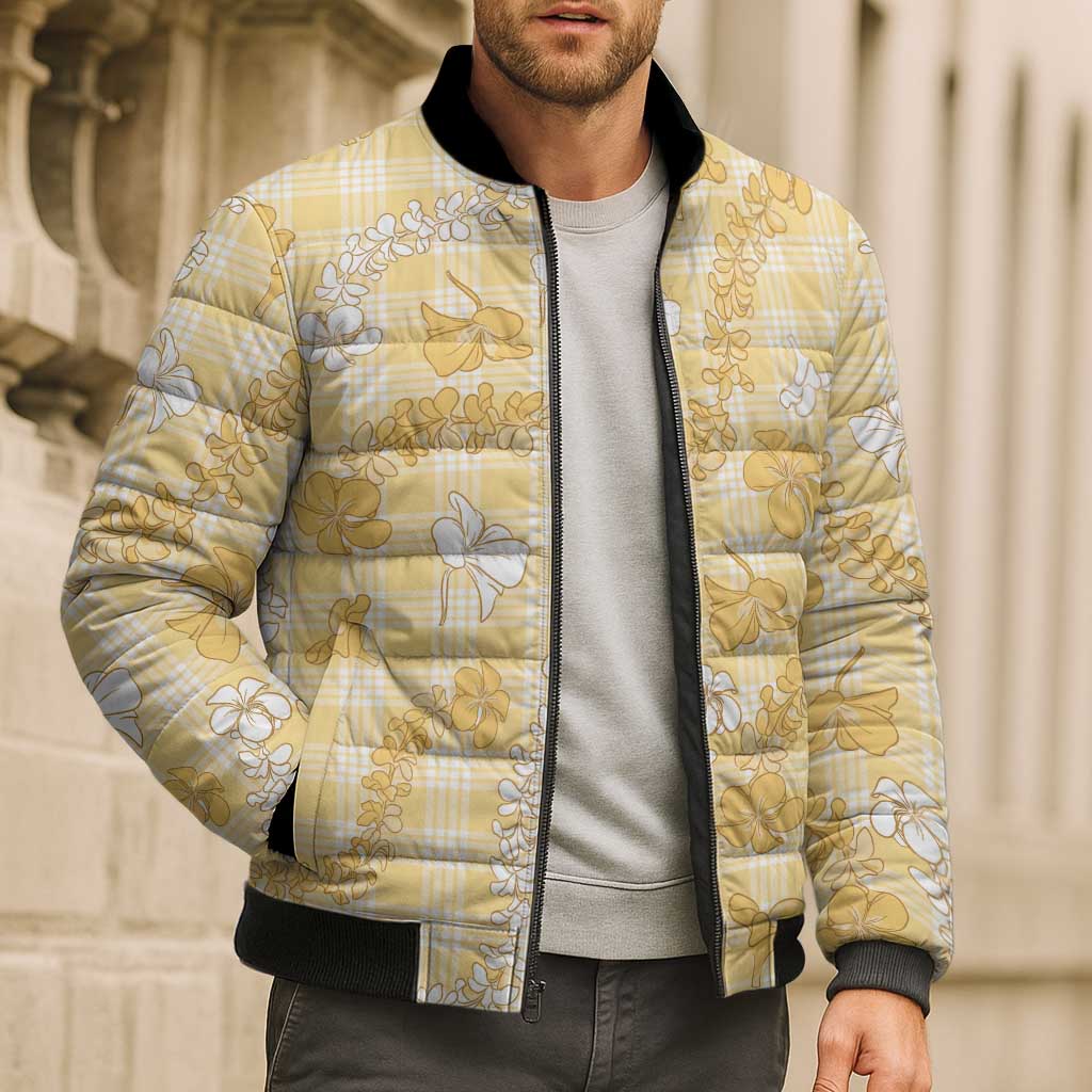 Melemele Aloha Hawaii Bomber Puffer Jacket Plumeria Lei With Palaka Motif LT14 - Polynesian Pride
