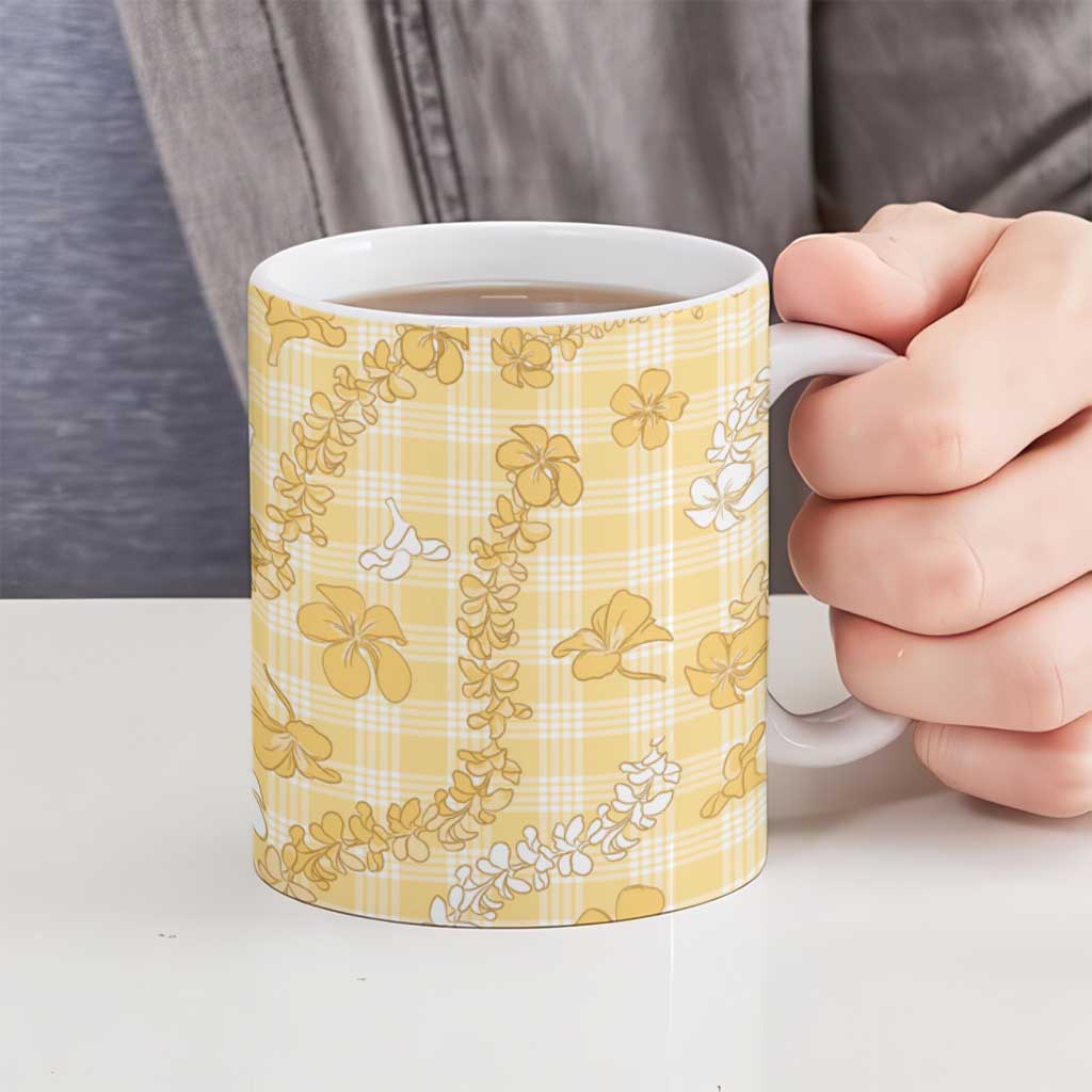 Melemele Aloha Hawaii Ceramic Mug Plumeria Lei With Palaka Motif - Polynesian Pride