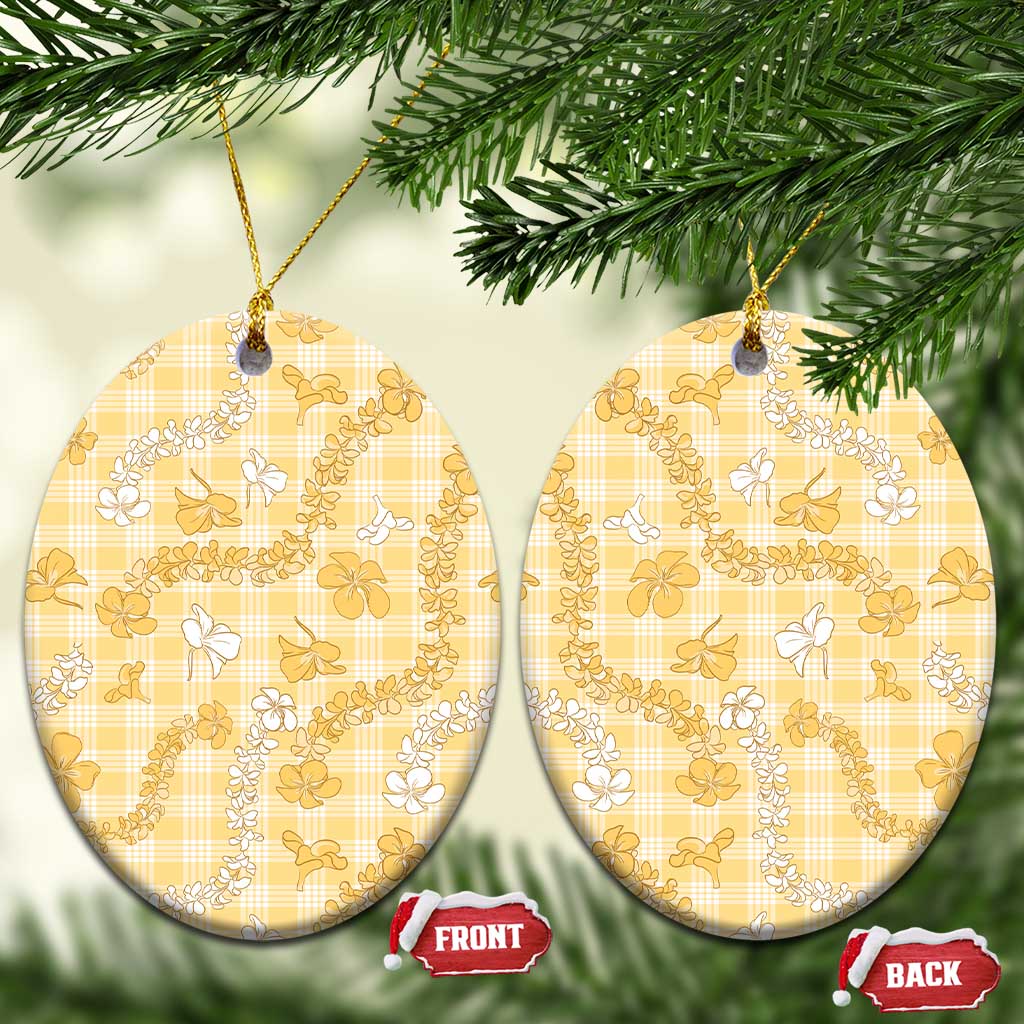 Melemele Aloha Hawaii Ceramic Ornament Plumeria Lei With Palaka Motif LT14 Oval Yellow - Polynesian Pride