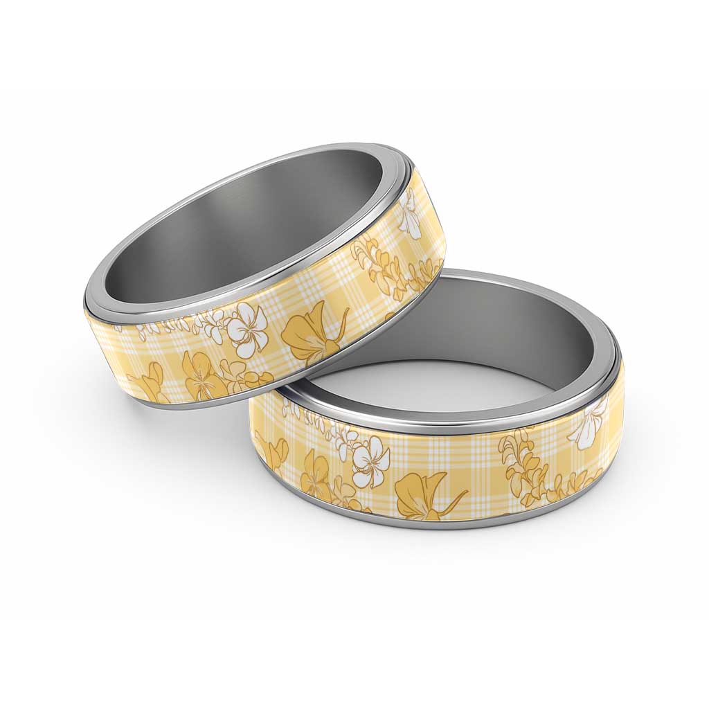 Melemele Aloha Hawaii Classic Ring Plumeria Lei With Palaka Motif LT14 Sliver Yellow - Polynesian Pride