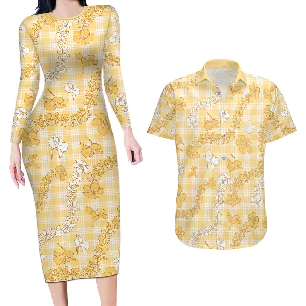 Melemele Aloha Hawaii Couples Matching Long Sleeve Bodycon Dress and Hawaiian Shirt Plumeria Lei With Palaka Motif LT14 Yellow - Polynesian Pride