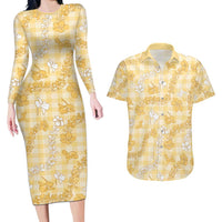 Melemele Aloha Hawaii Couples Matching Long Sleeve Bodycon Dress and Hawaiian Shirt Plumeria Lei With Palaka Motif LT14 Yellow - Polynesian Pride