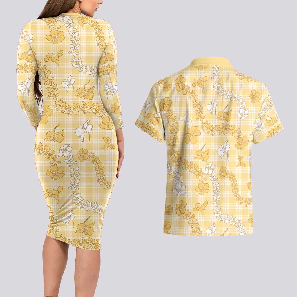 Melemele Aloha Hawaii Couples Matching Long Sleeve Bodycon Dress and Hawaiian Shirt Plumeria Lei With Palaka Motif LT14 - Polynesian Pride