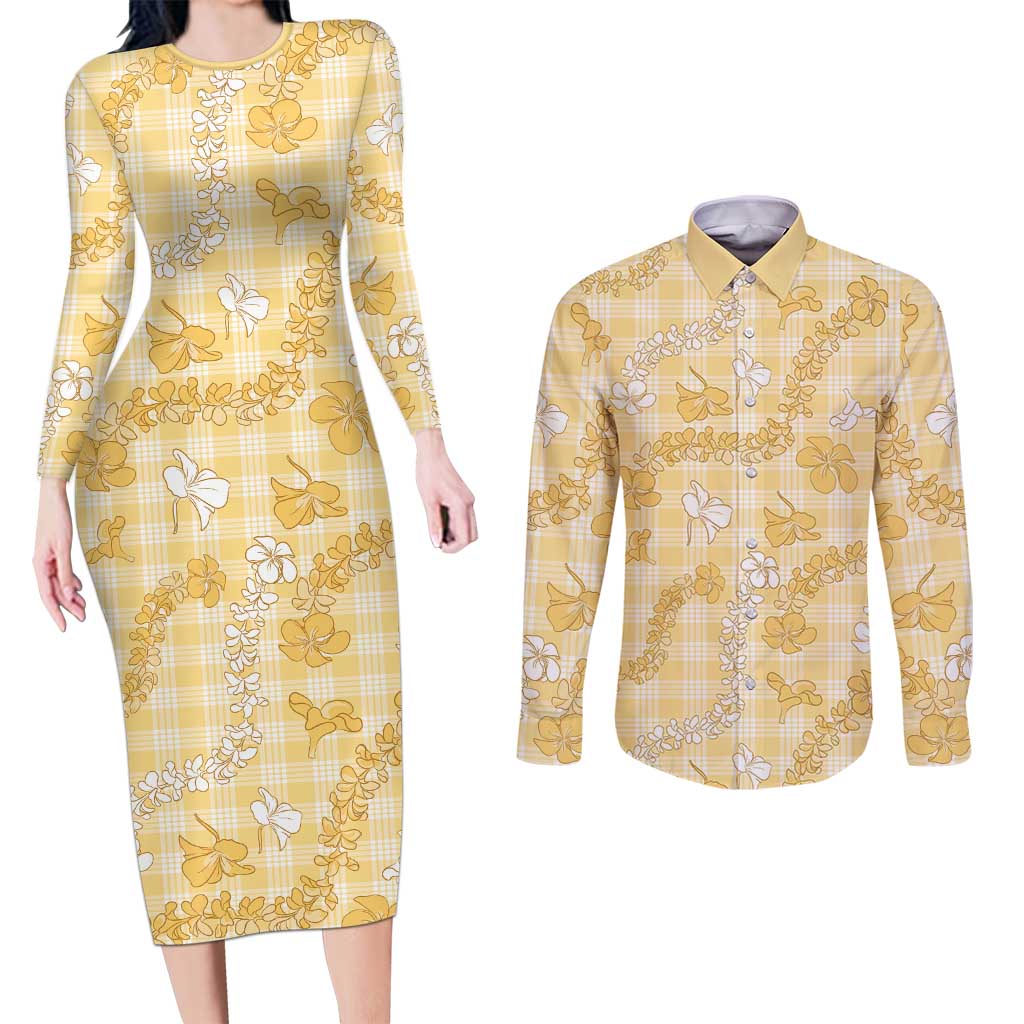 Melemele Aloha Hawaii Couples Matching Long Sleeve Bodycon Dress and Long Sleeve Button Shirt Plumeria Lei With Palaka Motif LT14 Yellow - Polynesian Pride