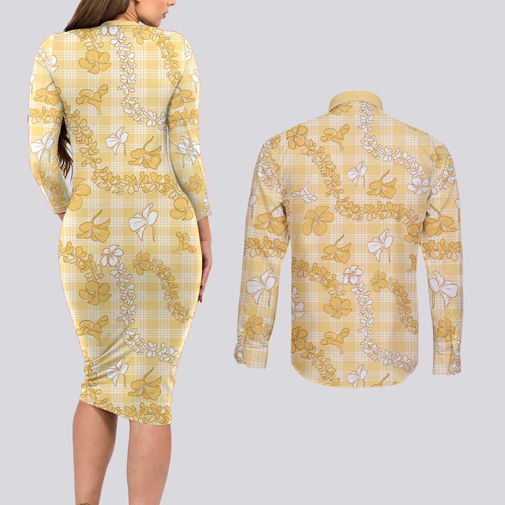 Melemele Aloha Hawaii Couples Matching Long Sleeve Bodycon Dress and Long Sleeve Button Shirt Plumeria Lei With Palaka Motif LT14 - Polynesian Pride