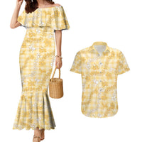Melemele Aloha Hawaii Couples Matching Mermaid Dress and Hawaiian Shirt Plumeria Lei With Palaka Motif LT14 Yellow - Polynesian Pride