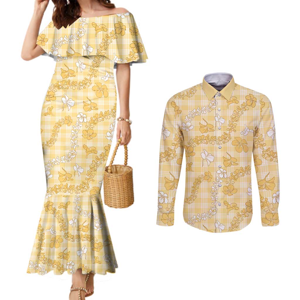 Melemele Aloha Hawaii Couples Matching Mermaid Dress and Long Sleeve Button Shirt Plumeria Lei With Palaka Motif LT14 Yellow - Polynesian Pride