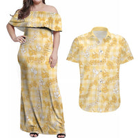 Melemele Aloha Hawaii Couples Matching Off Shoulder Maxi Dress and Hawaiian Shirt Plumeria Lei With Palaka Motif LT14 Yellow - Polynesian Pride