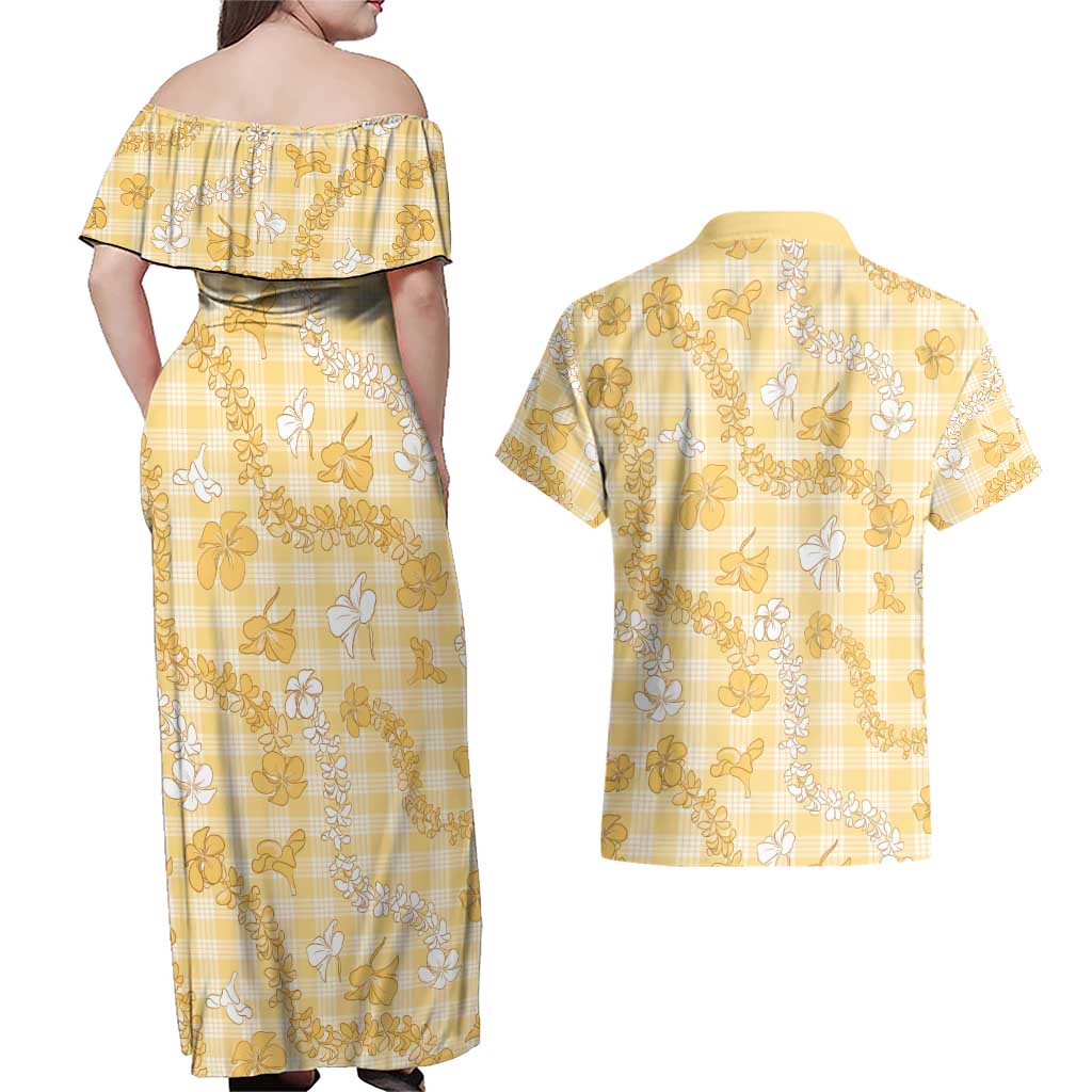 Melemele Aloha Hawaii Couples Matching Off Shoulder Maxi Dress and Hawaiian Shirt Plumeria Lei With Palaka Motif LT14 - Polynesian Pride