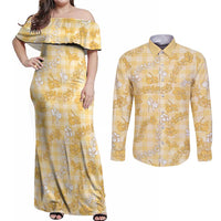 Melemele Aloha Hawaii Couples Matching Off Shoulder Maxi Dress and Long Sleeve Button Shirt Plumeria Lei With Palaka Motif - Polynesian Pride