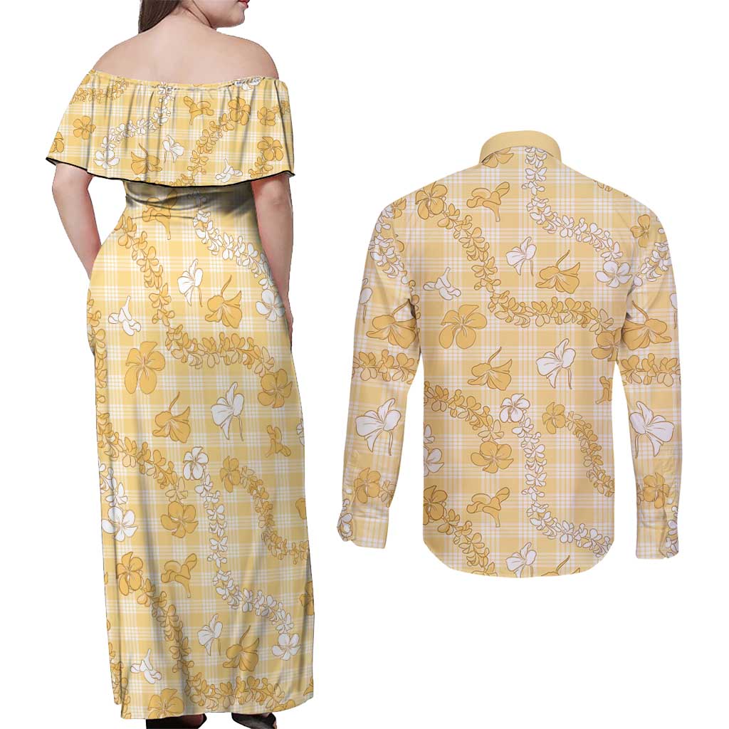 Melemele Aloha Hawaii Couples Matching Off Shoulder Maxi Dress and Long Sleeve Button Shirt Plumeria Lei With Palaka Motif - Polynesian Pride