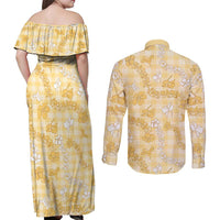 Melemele Aloha Hawaii Couples Matching Off Shoulder Maxi Dress and Long Sleeve Button Shirt Plumeria Lei With Palaka Motif - Polynesian Pride