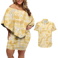 Melemele Aloha Hawaii Couples Matching Off Shoulder Short Dress and Hawaiian Shirt Plumeria Lei With Palaka Motif LT14 Yellow - Polynesian Pride