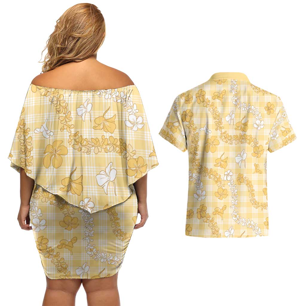 Melemele Aloha Hawaii Couples Matching Off Shoulder Short Dress and Hawaiian Shirt Plumeria Lei With Palaka Motif LT14 - Polynesian Pride