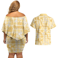 Melemele Aloha Hawaii Couples Matching Off Shoulder Short Dress and Hawaiian Shirt Plumeria Lei With Palaka Motif LT14 - Polynesian Pride
