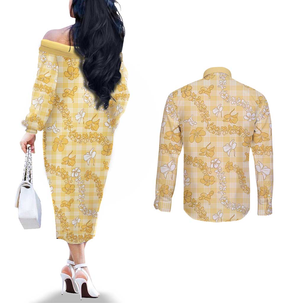 Melemele Aloha Hawaii Couples Matching Off The Shoulder Long Sleeve Dress and Long Sleeve Button Shirt Plumeria Lei With Palaka Motif LT14 - Polynesian Pride