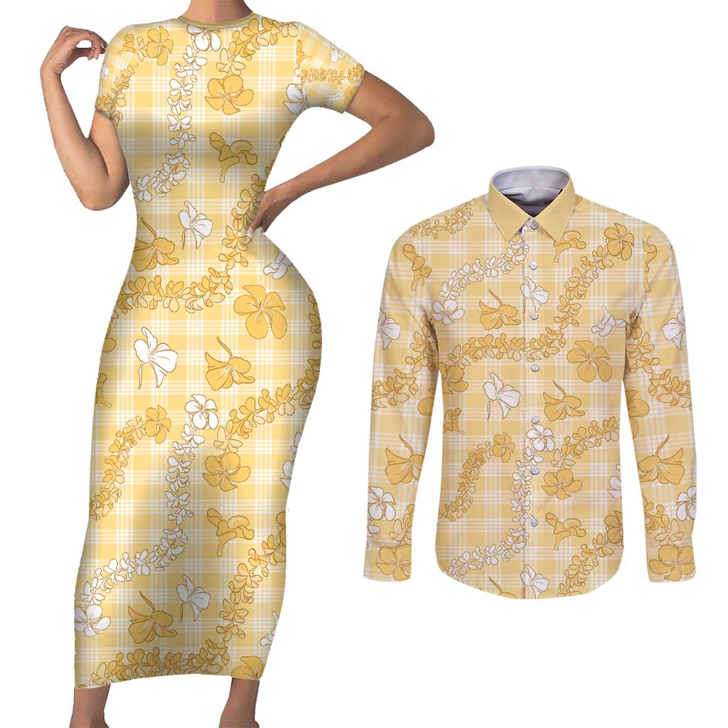 Melemele Aloha Hawaii Couples Matching Short Sleeve Bodycon Dress and Long Sleeve Button Shirt Plumeria Lei With Palaka Motif LT14 Yellow - Polynesian Pride