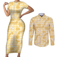 Melemele Aloha Hawaii Couples Matching Short Sleeve Bodycon Dress and Long Sleeve Button Shirt Plumeria Lei With Palaka Motif LT14 Yellow - Polynesian Pride