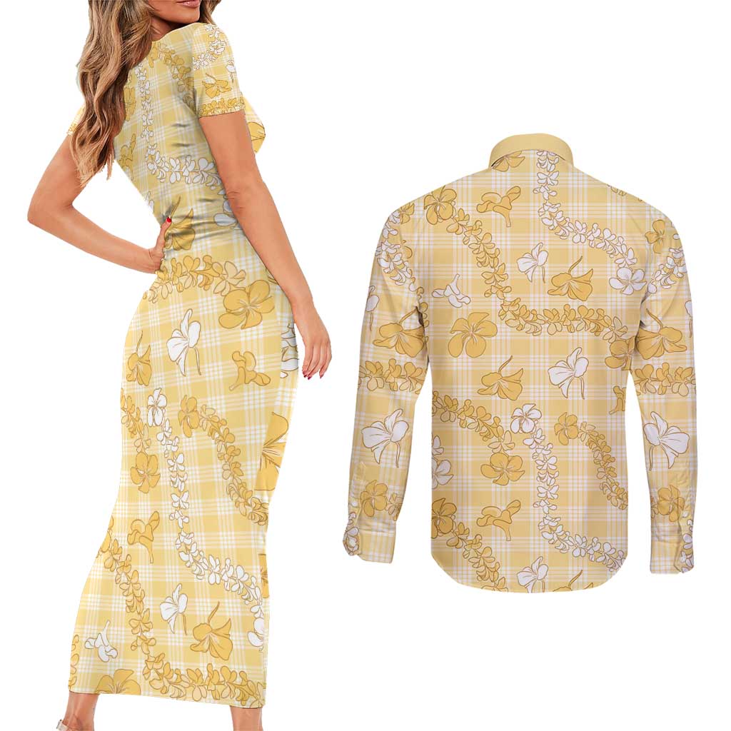Melemele Aloha Hawaii Couples Matching Short Sleeve Bodycon Dress and Long Sleeve Button Shirt Plumeria Lei With Palaka Motif LT14 - Polynesian Pride