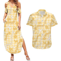 Melemele Aloha Hawaii Couples Matching Summer Maxi Dress and Hawaiian Shirt Plumeria Lei With Palaka Motif LT14 Yellow - Polynesian Pride