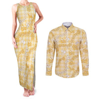 Melemele Aloha Hawaii Couples Matching Tank Maxi Dress and Long Sleeve Button Shirt Plumeria Lei With Palaka Motif LT14 Yellow - Polynesian Pride