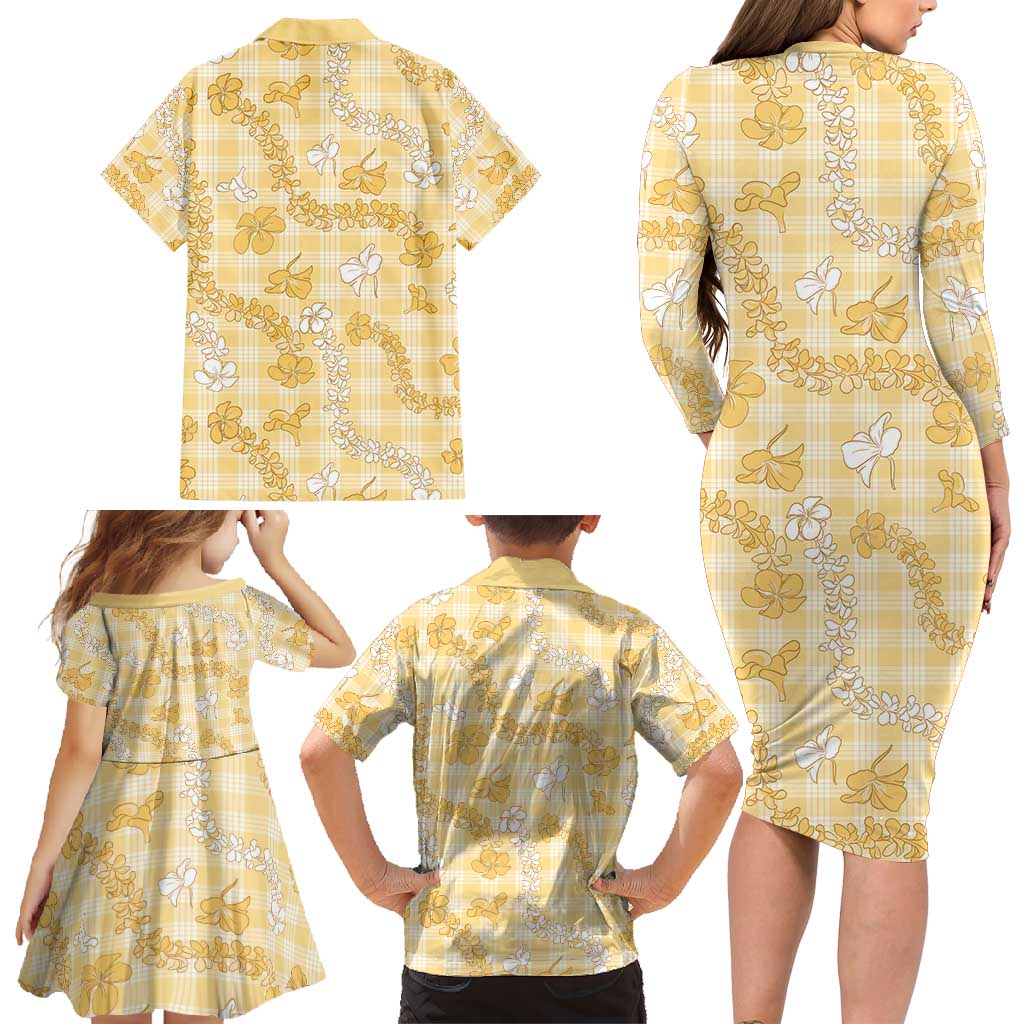 Melemele Aloha Hawaii Family Matching Long Sleeve Bodycon Dress and Hawaiian Shirt Plumeria Lei With Palaka Motif LT14 - Polynesian Pride