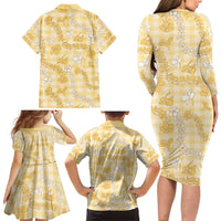 Melemele Aloha Hawaii Family Matching Long Sleeve Bodycon Dress and Hawaiian Shirt Plumeria Lei With Palaka Motif LT14 - Polynesian Pride