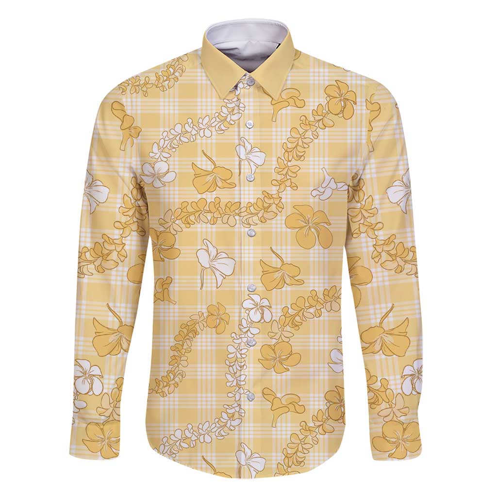 Melemele Aloha Hawaii Family Matching Mermaid Dress and Hawaiian Shirt Plumeria Lei With Palaka Motif LT14 Dad's Shirt - Long Sleeve Yellow - Polynesian Pride
