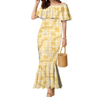 Melemele Aloha Hawaii Family Matching Mermaid Dress and Hawaiian Shirt Plumeria Lei With Palaka Motif LT14 Mom's Dress Yellow - Polynesian Pride