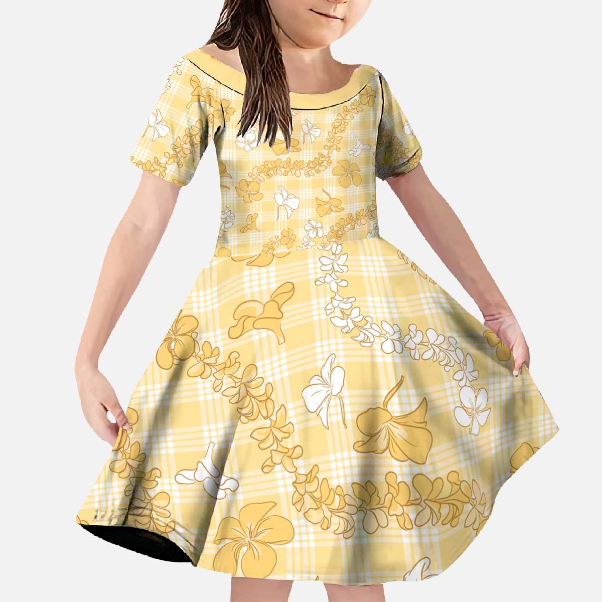 Melemele Aloha Hawaii Family Matching Off The Shoulder Long Sleeve Dress and Hawaiian Shirt Plumeria Lei With Palaka Motif LT14 Daughter's Dress Yellow - Polynesian Pride
