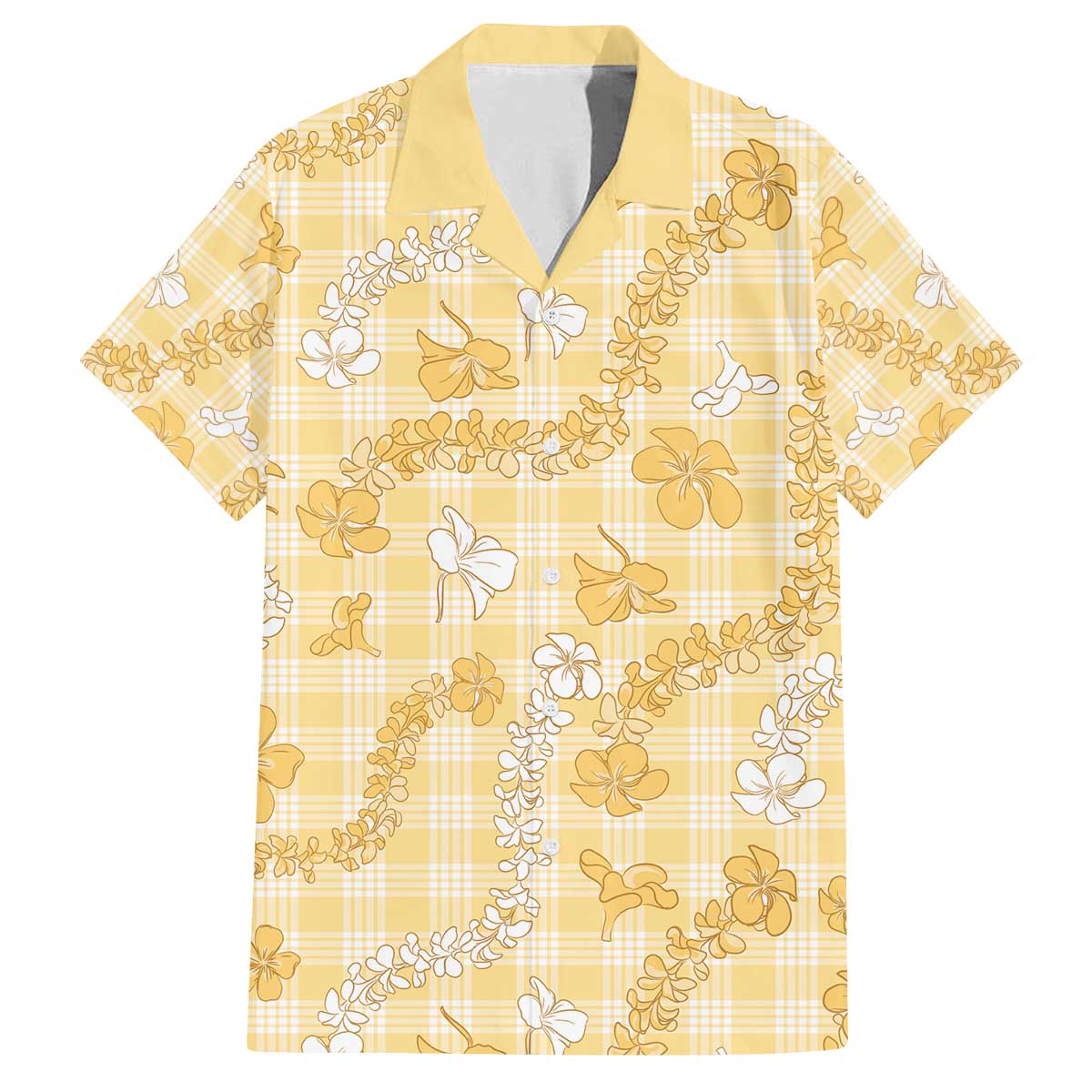 Melemele Aloha Hawaii Family Matching Off The Shoulder Long Sleeve Dress and Hawaiian Shirt Plumeria Lei With Palaka Motif LT14 Dad's Shirt - Short Sleeve Yellow - Polynesian Pride