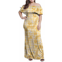 Melemele Aloha Hawaii Family Matching Off Shoulder Maxi Dress and Hawaiian Shirt Plumeria Lei With Palaka Motif LT14 Mom's Dress Yellow - Polynesian Pride