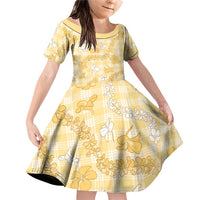 Melemele Aloha Hawaii Family Matching Off Shoulder Short Dress and Hawaiian Shirt Plumeria Lei With Palaka Motif LT14 Daughter's Dress Yellow - Polynesian Pride