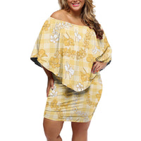 Melemele Aloha Hawaii Family Matching Off Shoulder Short Dress and Hawaiian Shirt Plumeria Lei With Palaka Motif LT14 Mom's Dress Yellow - Polynesian Pride