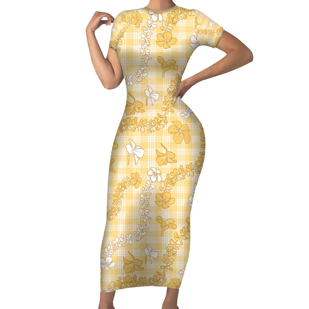 Melemele Aloha Hawaii Family Matching Short Sleeve Bodycon Dress and Hawaiian Shirt Plumeria Lei With Palaka Motif LT14 Mom's Dress Yellow - Polynesian Pride