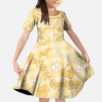 Melemele Aloha Hawaii Family Matching Summer Maxi Dress and Hawaiian Shirt Plumeria Lei With Palaka Motif LT14 Daughter's Dress Yellow - Polynesian Pride