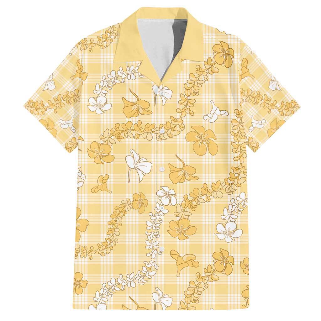 Melemele Aloha Hawaii Family Matching Summer Maxi Dress and Hawaiian Shirt Plumeria Lei With Palaka Motif LT14 Dad's Shirt - Short Sleeve Yellow - Polynesian Pride
