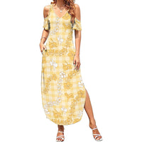 Melemele Aloha Hawaii Family Matching Summer Maxi Dress and Hawaiian Shirt Plumeria Lei With Palaka Motif LT14 Mom's Dress Yellow - Polynesian Pride