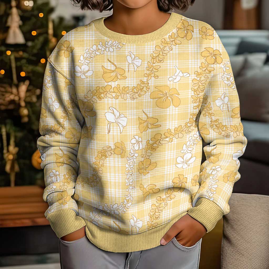 Melemele Aloha Hawaii Kid Ugly Christmas Sweater Plumeria Lei With Palaka Motif - Polynesian Pride