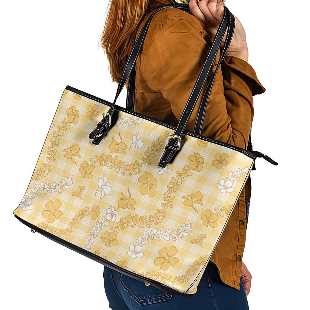 Melemele Aloha Hawaii Leather Tote Bag Plumeria Lei With Palaka Motif - Polynesian Pride