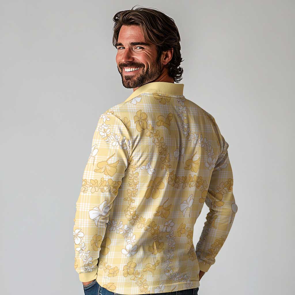 Melemele Aloha Hawaii Long Sleeve Polo Shirt Plumeria Lei With Palaka Motif - Polynesian Pride
