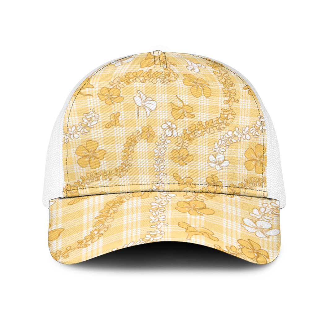 Melemele Aloha Hawaii Mesh Trucker Cap Plumeria Lei With Palaka Motif LT14 One Size White Yellow - Polynesian Pride