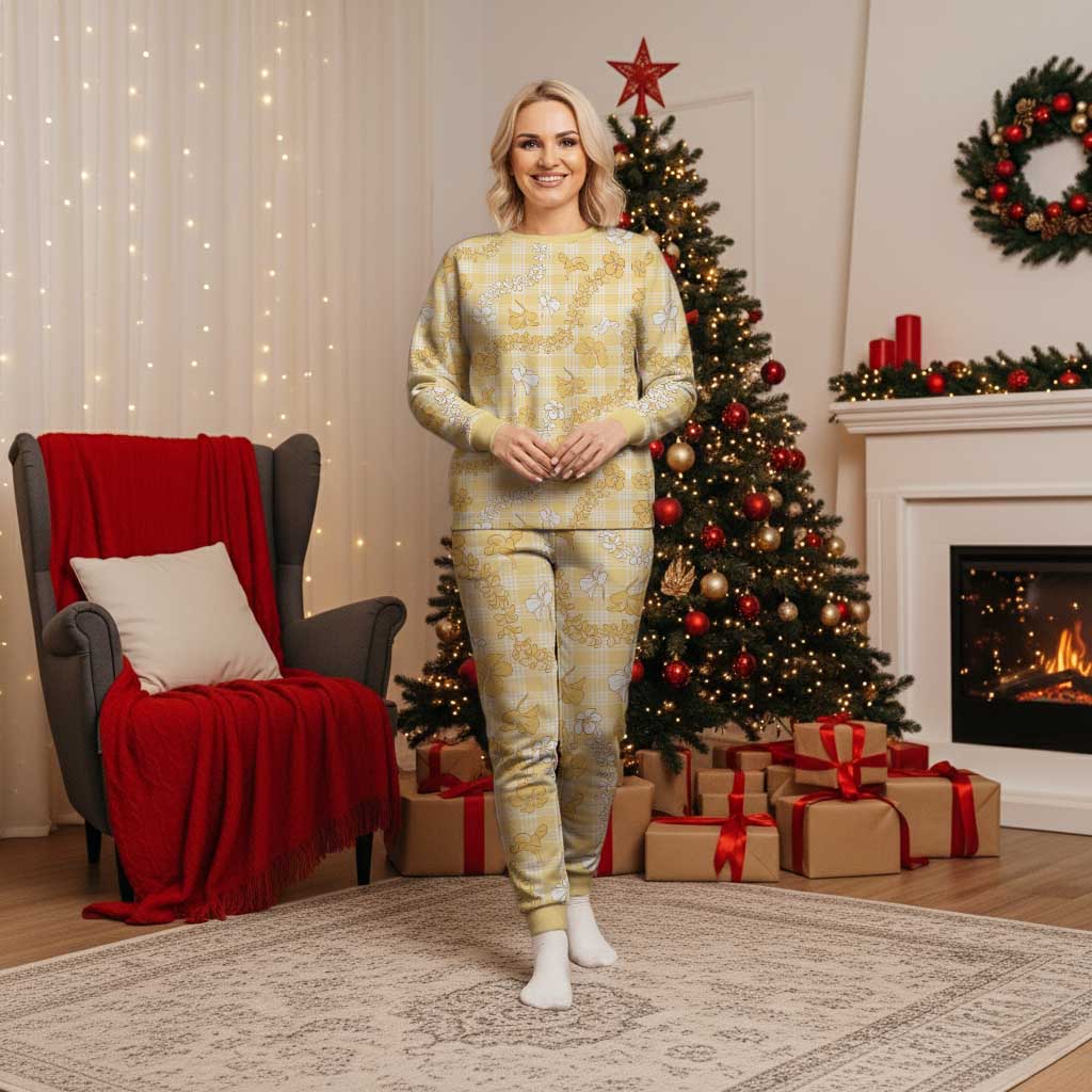 Melemele Aloha Hawaii Christmas Pajama Set Plumeria Lei With Palaka Motif - Polynesian Pride