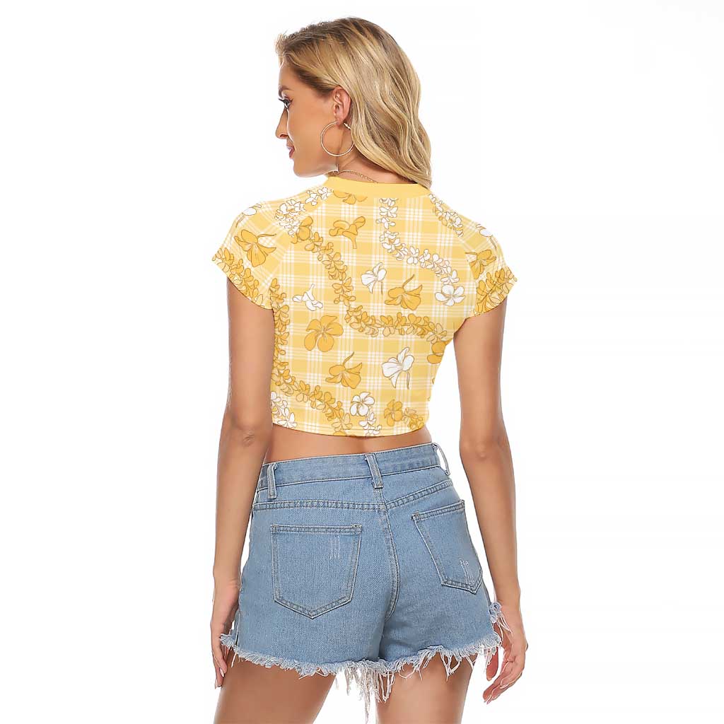 Melemele Aloha Hawaii Raglan Cropped T Shirt Plumeria Lei With Palaka Motif - Polynesian Pride