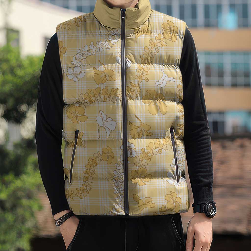 Melemele Aloha Hawaii Sleeveless Puffer Jacket Plumeria Lei With Palaka Motif - Polynesian Pride