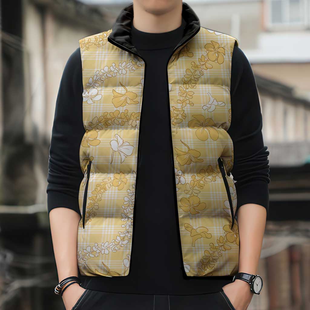 Melemele Aloha Hawaii Sleeveless Puffer Jacket Plumeria Lei With Palaka Motif - Polynesian Pride